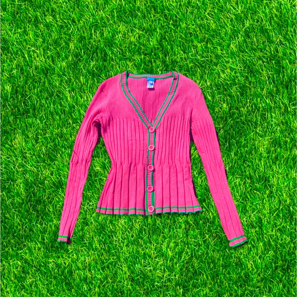 vtg y2k preppy hot pink & green button down cardigan sweater